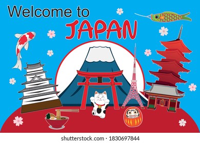 welcome to Japan - Greeting  card drawing in cartoon vector