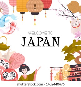 Welcome to Japan illustration template poster with geisha and traditional famous elements and symbols. Japan wording translation: "Japan". Editable vector illustration