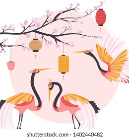 Welcome to Japan illustration template poster with cranes, paper lanterns and flowering branch Sakura. Editable vector illustration