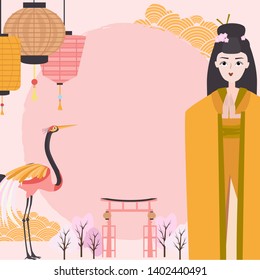 Welcome to Japan illustration template poster with geisha and traditional famous elements and symbols. Editable vector illustration