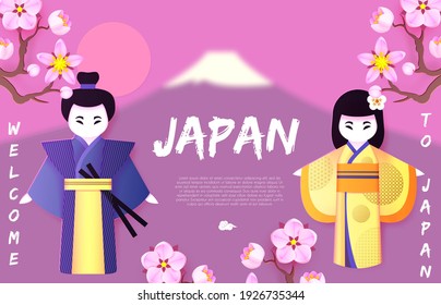 Welcome to Japan. Japanese background with couple, man and woman, in traditional national clothing, Fuji mountain and sakura blossom. Asian cartoon design.