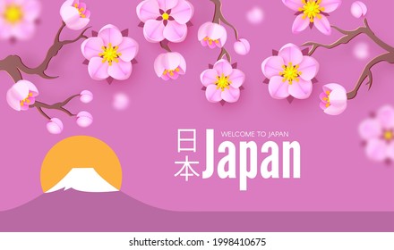Welcome to Japan. Japanese landscape with Fuji mountain and sakura blossom. Asian background.