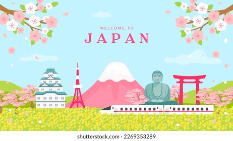 Welcome to Japan postcard vector illustration. Cherry Blossoms and beautiful tourist attraction in spring landscape background