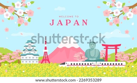 Welcome to Japan postcard vector illustration. Cherry Blossoms and beautiful tourist attraction in spring landscape background
