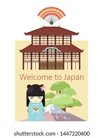 Welcome to Japan poster, banner vector illustration. Japanese geisha character in kimono clothing. Traditional Japan symbols such as fuji mountain, minka and bonsai tree. Culture for travelers.