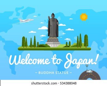 Welcome to Japan poster with famous attraction vector illustration. Travel design with standing Buddha statue. Time to travel, discover new cultural places concept, tour guide for traveling agency