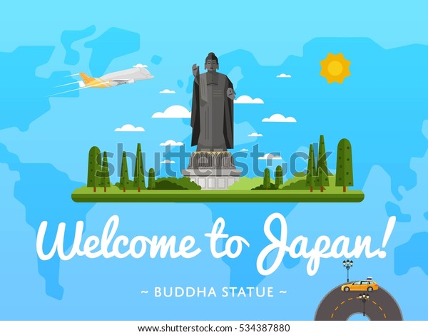 Welcome to Japan poster with famous attraction\
vector illustration. Travel design with standing Buddha statue.\
World travel and tourism concept, traveling agency banner, Japan\
architectural landmark