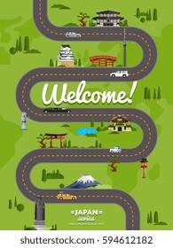 Welcome to Japan poster with famous attractions along winding road vector illustration. Travel design with Torii gate, Fujiyama mountain, Buddha, ancient temple, pagoda. Worldwide traveling concept