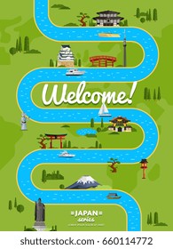 Welcome to Japan poster with famous attractions along winding river vector illustration. Travel design with Torii gate, Fujiyama mountain, Buddha, ancient temple, pagoda. Worldwide traveling concept