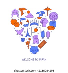 Welcome to Japan poster in line style. Japanese culture symbols in heart shape. Vector illustration.