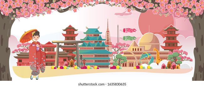 Welcome to japan poster. Sakura scenery in the summer. Buildings and landmarks in Japan. Landscapes of the Japan countryside. Design cards for postcards and tourism. Woman japanese in kimono dress.