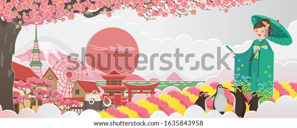 Welcome to japan poster. Sakura scenery in the\
summer. Buildings and landmarks in Japan. Landscapes of the Japan\
countryside. Design cards for postcards and tourism. Woman japanese\
in kimono dress.