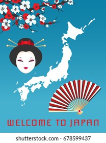 Welcome to Japan poster template. Vector illustration with map of Japan, face of geisha, paper fan and sakura cherry blossom