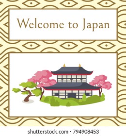 Welcome to Japan poster with traditional house surrounded with sakura trees isolated cartoon vector illustration on beige background with pattern.