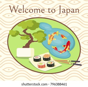 Welcome to Japan promotional poster with delicious sushi, wooden chopsticks, bonsai tree and lake with spotted fishes cartoon vector illustration.