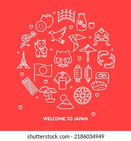 Welcome to Japan round poster. Japanese culture symbols in line style. Vector illustration.