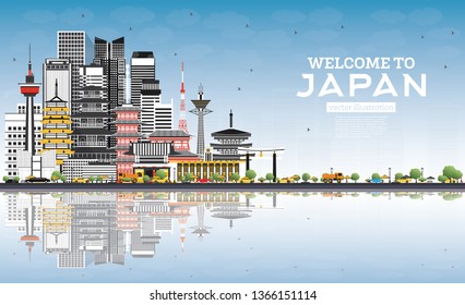 Welcome to Japan Skyline with Gray Buildings, Blue Sky and Reflections. Vector Illustration. Tourism Concept with Historic Architecture. Japan Cityscape with Landmarks. Tokyo. Osaka. Nagoya. Kyoto.