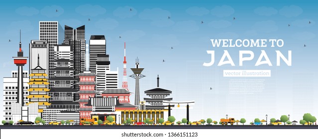 Welcome to Japan Skyline with Gray Buildings and Blue Sky. Vector Illustration. Tourism Concept with Historic Architecture. Japan Cityscape with Landmarks. Tokyo. Osaka. Nagoya. Kyoto.