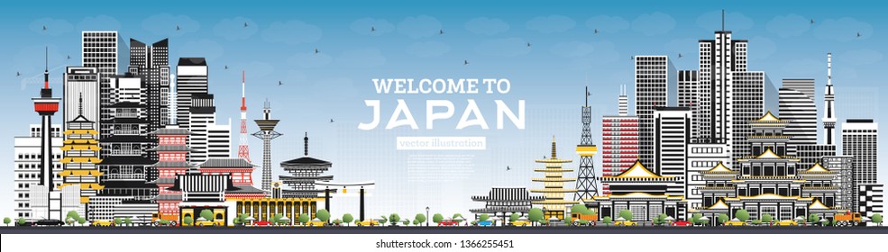 Welcome to Japan Skyline with Gray Buildings and Blue Sky. Vector Illustration. Tourism Concept with Historic Architecture. Cityscape with Landmarks. Tokyo. Osaka. Nagoya. Kyoto. Nagano. Kawasaki.