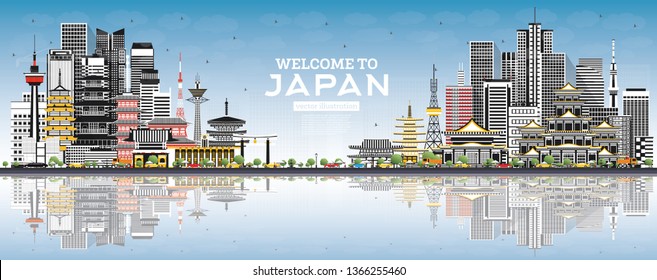 Welcome to Japan Skyline with Gray Buildings and Blue Sky. Vector Illustration. Tourism Concept with Historic Architecture. Cityscape with Landmarks. Tokyo. Osaka. Nagoya. Kyoto. Nagano. Kawasaki.