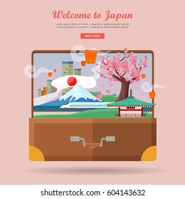 Welcome to Japan. Japan tourism poster design with attractions. Open suitcase with japanese landmarks. Japan landmark. Japan travel poster design in flat. Travel composition with famous landmarks.