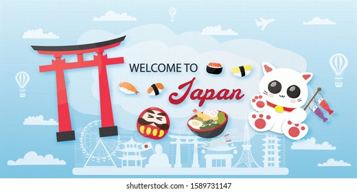 Welcome to Japan. Travel postcard, poster, tour advertising of world famous landmarks. Vectors illustrations