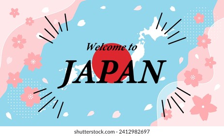 Welcome to Japan. Vector background illustration material of Japan map, Hinomaru and spring cherry blossoms