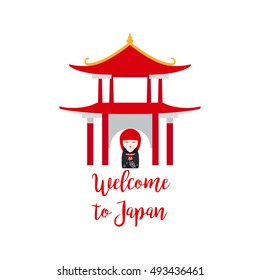 Welcome to Japan. Vector illustration with Japanese Kokeshi Doll