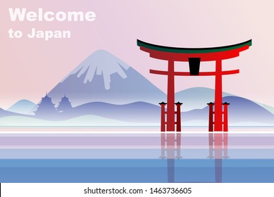 Welcome to Japan. Vector illustration travelling and holidays to Japan. Travel and tourism. Landscape japanese with Torii gate and mountains Fuji. A bright red japanese floating gate on a lake