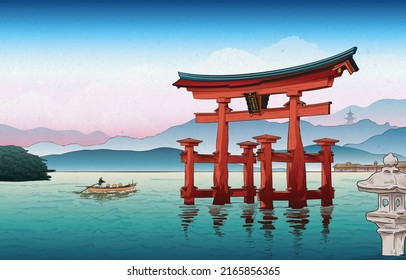 Welcome to Japan. Vector illustration travelling and holidays to Japan. Travel and tourism. Landscape japanese with Torii gate and mountains Fuji. A bright red japanese floating gate on a lake