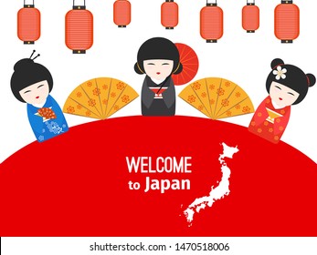 Welcome to Japan vector poster design with japanese symbols. Illustration of japanese welcome to culture and tradition