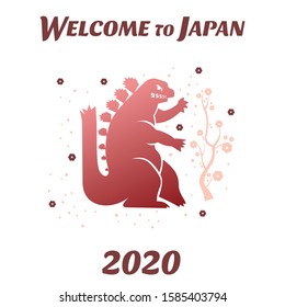 Welcome to Japan. XXXII Summer Olympics games. Tokyo 2020. Traditional Japanese symbol Godzilla. Advertisements, signs, stickers, web banners, signage. Isolated on a white background