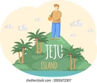 Welcome to Jeju, amusing trip to South Korean island in Korea Strait famous for its seaside resorts, volcanic craters, mountain caves. Journey, vacation, tour to Asian country, active summer tourism
