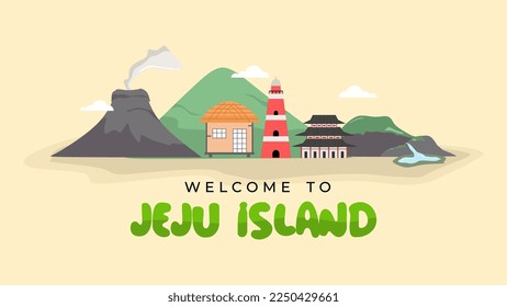 Welcome to jeju island background on yellow background. Welcome to Jeju island in South Korea, traditional landmarks, symbols, popular place for visiting tourists,