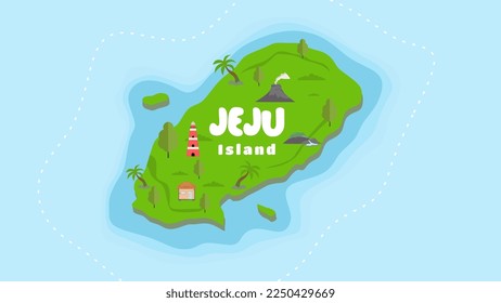 Welcome to jeju island background. Welcome to Jeju island in South Korea, traditional landmarks, symbols, popular place for visiting tourists, jeju green tropical island with water travel.