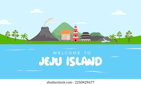 Willkommen auf jeju Inselhintergrund. Willkommen auf der Insel Jeju in Südkorea, traditionelle Wahrzeichen, Symbole, beliebter Ort für Touristen, Jeju grüne tropische Insel mit Wasserreisen.