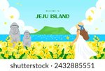 Welcome to Jeju Island poster Vector illustration. Woman watching beautiful Jeju landscape