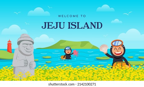 Welcome To Jeju Island Poster Vector Illustration. Travel Destination