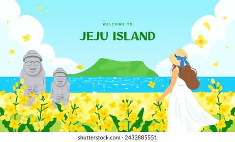 Bienvenido a la Isla de Jeju poster ilustración vectorial. Mujer mirando el hermoso paisaje de Jeju