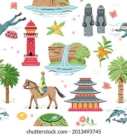 Welcome to Jeju island, seamless pattern with South Korea travel. Korean land with traditional attractions stone figures, mountain, lighthouse, flower and fruit, waterfall. Jeju people.