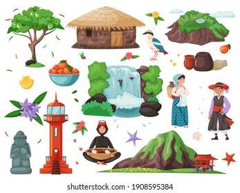 Welcome to Jeju island, South Korea travel. Korean land with traditional attractions stone figures, mountain, lighthouse, flower and fruit, waterfall. Jeju people. Attraction landmarks of Jeju island