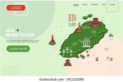 Welcome to Jeju island in South Korea, traditional landmarks, symbols, popular place for visiting tourists, jeju green tropical island travel concept. Korean land with traditional attractions