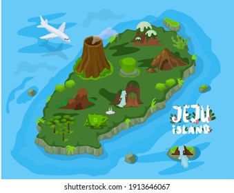 Welcome to Jeju island in South Korea traditional landmarks symbols, popular place for visiting tourists, jeju green tropical island with water travel concept. Korean land with traditional attractions