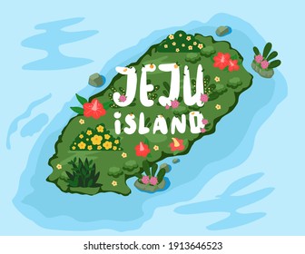 Welcome to Jeju island in South Korea, traditional landmarks symbols popular place for visiting tourists, jeju green tropical island with water travel concept. Korean land with traditional attractions