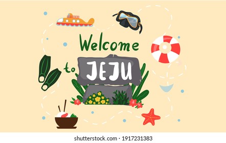 Welcome to Jeju island in South Korea, traditional landmarks, symbols, popular place for visiting tourists, jeju green tropical island with water travel. Korean land with traditional attractions