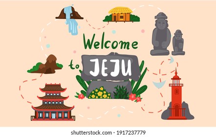 Welcome to Jeju island in South Korea, traditional landmarks, symbols, popular place for visiting tourists, jeju green tropical island travel concept. Korean land with traditional attractions