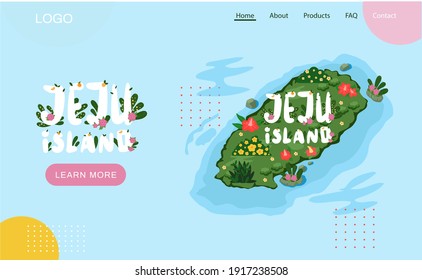 Welcome to Jeju island in South Korea, traditional landmarks, symbols, popular place for visiting tourists, jeju green tropical island with water travel. Korean land with traditional attractions