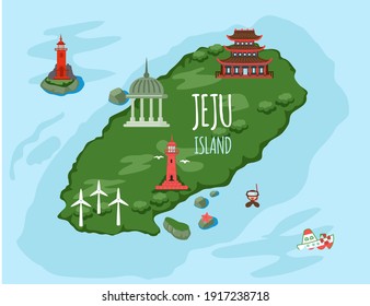 Welcome to Jeju island in South Korea, traditional landmarks, symbols, popular place for visiting tourists, jeju green tropical island with water travel. Korean land with traditional attractions