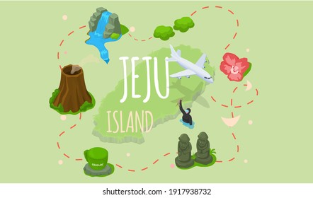 Welcome to Jeju island in South Korea, traditional landmarks, symbols, popular place for visiting tourists, jeju green tropical island travel concept. Korean land with traditional attractions