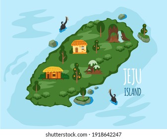 Welcome to Jeju island in South Korea, traditional landmarks, symbols, popular place for visiting tourists, jeju green tropical island travel concept. Korean land with traditional attractions